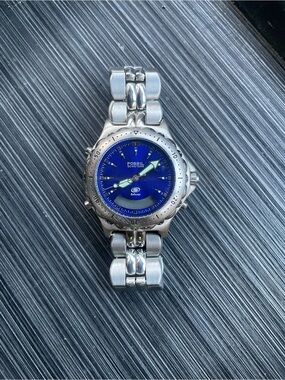 Vintage Fossil Blue Stainless Steel Watch Blue Dial Men’s Quartz Wristwatch